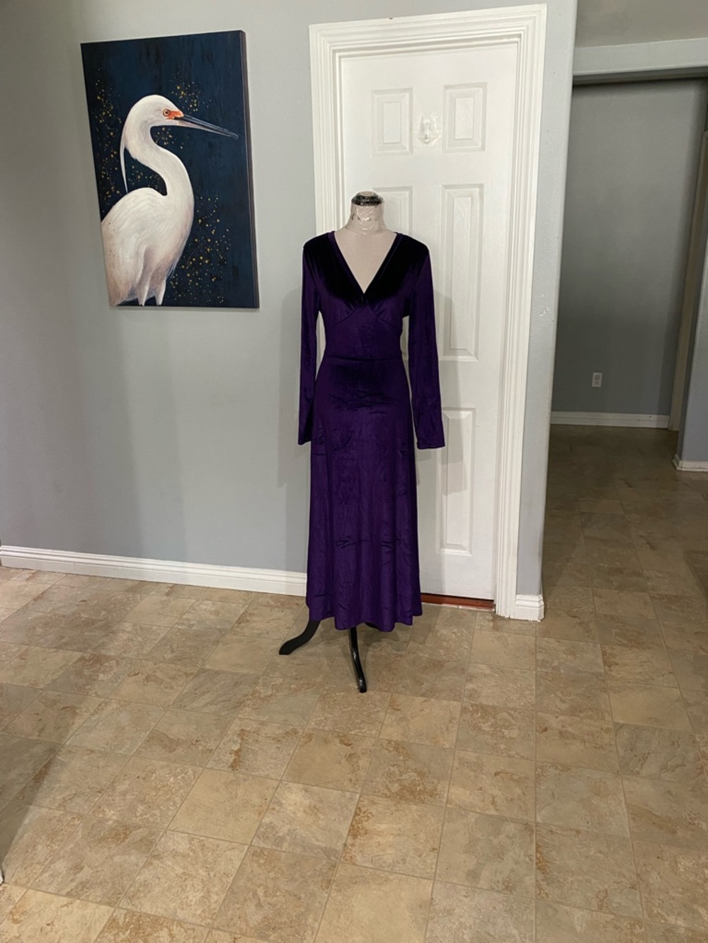 New Women XL Purple Velvet V-neck Stretchy Longsleeve Maxi Dress - Picture 2 of 8